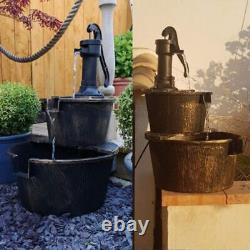 2 Tier Cascading Wooden Water Pump Fountain Feature Barrel Garden Deck