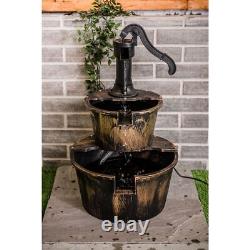 2 Tier Cascading Wooden Water Pump Fountain Feature Barrel Garden Deck