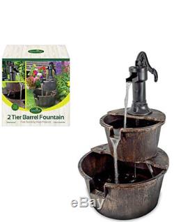 2 Tier Garden Water Barrel Pump Fountain Feature Outdoor Patio Cascade Ornament