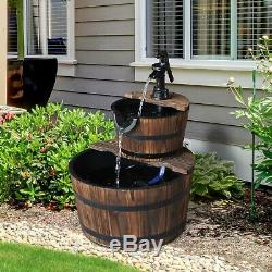 2 Tier Wooden Water Pump Fountain Garden Feature Decor Ornament Barrel Design