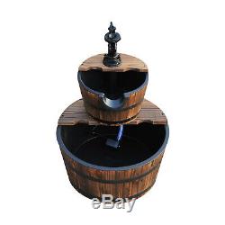 2 Tier Wooden Water Pump Fountain Garden Feature Decor Ornament Barrel Design