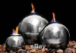 3 Silver Sphere Flame Water Feature Fountain Cascade Contemporary Steel Garden