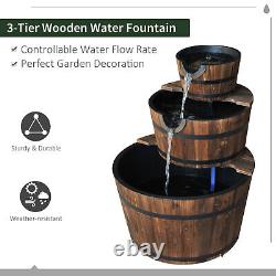 3 Tier Cascading Wooden Water Fountain Barrel Water Feature Garden Patio Deck