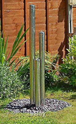 3 Tube Silver Water Feature Fountain Cascade Contemporary Stainless Steel Garden