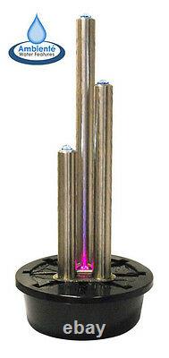 3 Tube Water Feature Fountain Cascade Contemporary Silver Brushed Steel Garden