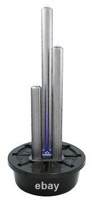 3 Tube Water Feature Fountain Cascade Contemporary Silver Brushed Steel Garden