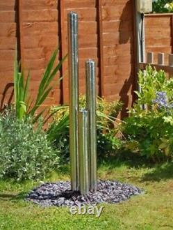 3 Tube Water Feature Fountain Cascade Contemporary Silver Brushed Steel Garden