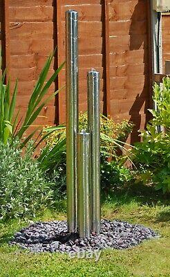 3 Tube Water Feature Fountain Cascade Contemporary Silver Brushed Steel Garden