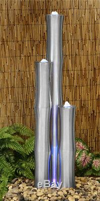 3 Tube Water Feature Fountain Cascade Contemporary Silver Steel Bamboo Garden