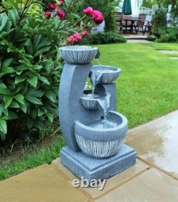 4 Tier Grey Stone Look Outdoor Garden LED Light Fountain Water Feature Ornament