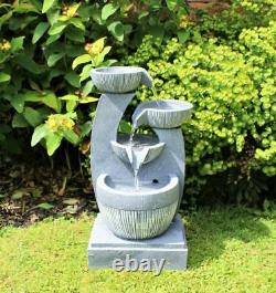 4 Tier Grey Stone Look Outdoor Garden LED Light Fountain Water Feature Ornament