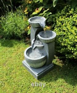 4 Tier Grey Stone Look Outdoor Garden LED Light Fountain Water Feature Ornament