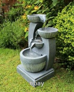 4 Tier Grey Stone Look Outdoor Garden LED Light Fountain Water Feature Ornament