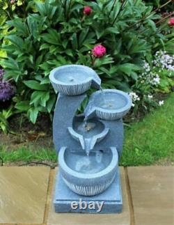 4 Tier Grey Stone Look Outdoor Garden LED Light Fountain Water Feature Ornament