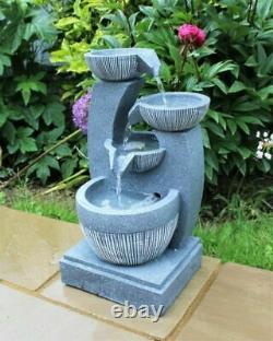 4 Tier Grey Stone Look Outdoor Garden LED Light Fountain Water Feature Ornament