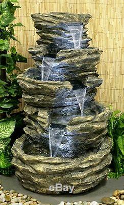 4 Tier Rock Effect Cascade Water Feature Fountain with LED Lights Garden Outdoor