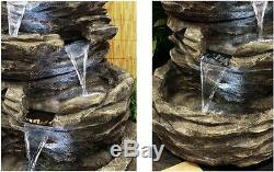 4 Tier Rock Effect Cascade Water Feature Fountain with LED Lights Garden Outdoor