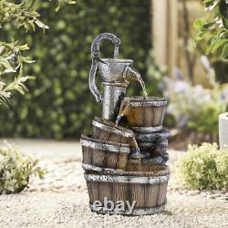 4 Tier Wooden Barrel LED Resin Water Fountain Outdoor Cascading Water Feature