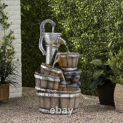 4 Tier Wooden Barrel LED Resin Water Fountain Outdoor Cascading Water Feature