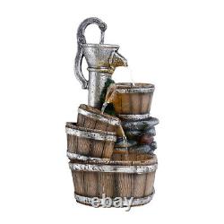 4 Tier Wooden Barrel LED Resin Water Fountain Outdoor Cascading Water Feature