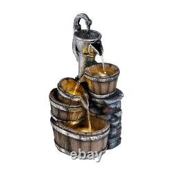 4 Tier Wooden Barrel LED Resin Water Fountain Outdoor Cascading Water Feature