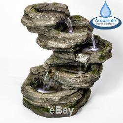 5 Step Rock Effect Cascading Water Feature White Lights Stone Pool Indoor Garden