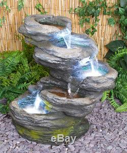 5 Step Rock Effect Cascading Water Feature White Lights Stone Pool Indoor Garden