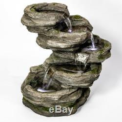 5 Step Rock Effect Cascading Water Feature White Lights Stone Pool Indoor Garden