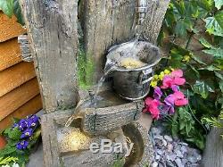 Ancient Bucket & Tap Woodland Solar Powered Garden Water Feature, fountain