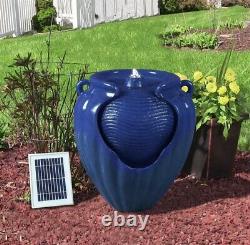 Battery Backup Garden Solar Power Blue Ceramic Effect Water Fountain Feature