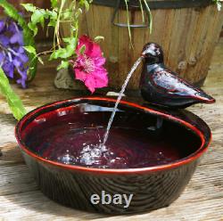 Bird Bowl Water Feature Fountain Waterfall Solar Power Red Glazed Ceramic Garden