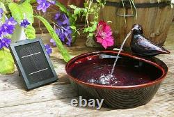 Bird Bowl Water Feature Fountain Waterfall Solar Power Red Glazed Ceramic Garden