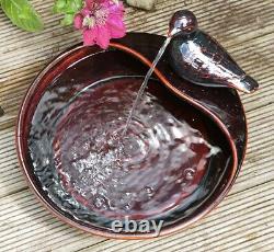 Bird Bowl Water Feature Fountain Waterfall Solar Power Red Glazed Ceramic Garden