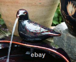 Bird Bowl Water Feature Fountain Waterfall Solar Power Red Glazed Ceramic Garden