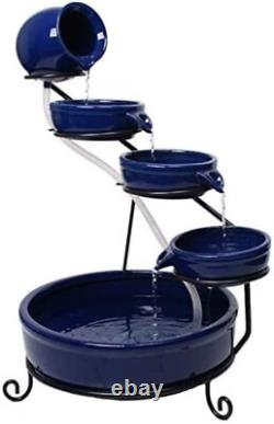 Blue Solar Ceramic Garden Water Feature with Battery Backup and Lights H55cm