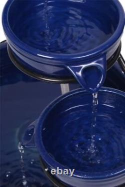 Blue Solar Ceramic Garden Water Feature with Battery Backup and Lights H55cm