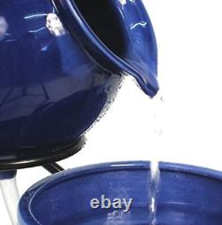 Blue Solar Ceramic Garden Water Feature with Battery Backup and Lights H55cm