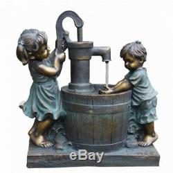 Boy & Girl at Barrel Solar Powered Water Feature Garden Fountain