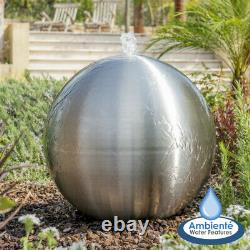 Brushed Stainless Steel Sphere Water Feature Fountain Garden & Lights 75cm