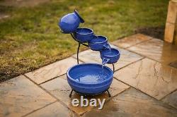 Ceramic Cascade Solar Water Feature Blue Trickling Garden Centrepiece Fountain