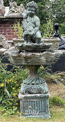 Classical Cherub Boy With Water Spouting Fish Garden Water Fountain Centrepiece