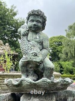 Classical Cherub Boy With Water Spouting Fish Garden Water Fountain Centrepiece