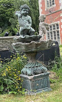 Classical Cherub Boy With Water Spouting Fish Garden Water Fountain Centrepiece