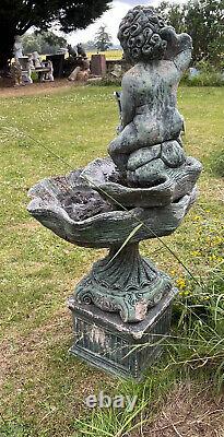 Classical Cherub Boy With Water Spouting Fish Garden Water Fountain Centrepiece