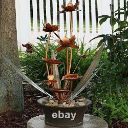 Copper Flower Blossoms Outdoor Fountain Tabletop Sculptural Garden Water Feature