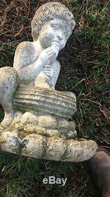 Fine Vintage Grecian Old Stone Cornucopia Garden Water Fountain Cherub Spout