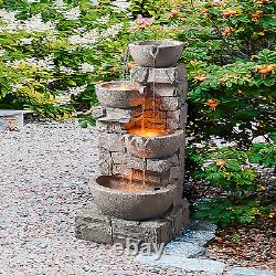 Floor Stacked Stone 4 Tiered Bowl Waterfall Water Fountain Patio Garden LED Pump
