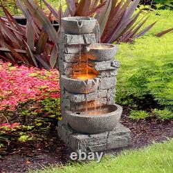 Floor Stacked Stone 4 Tiered Bowl Waterfall Water Fountain Patio Garden LED Pump