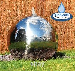 Garden Polished Stainless Steel Sphere Water Feature Fountain with LEDs 28cm