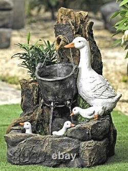 Garden Water Feature Duck Family Fountain by Aqua Moda LED Lights Freestanding